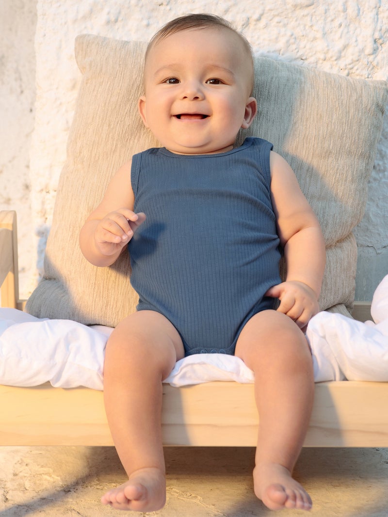 Babies Basic Ribbed Cotton Short Sleeves Romper/ Bodysuit, Green, Blue, Gray - Image 3